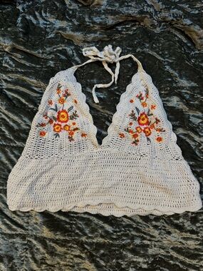 Crocheted White Halter Bralette with Floral Embroidery
